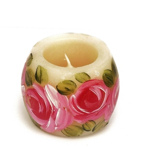 Cute Decorative Small Round Flameless Candles Battery Operated Ivory Votive Candle with Hand Painted Pink Roses Pretty Shabby Chic Decor