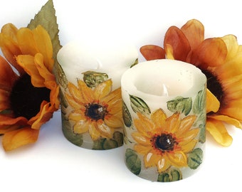 Single or Set Small Flickering Flameless Battery Operated Votive Candles with Timer and Hand Painted Sunflowers Boho Decor FREE SHIPPING