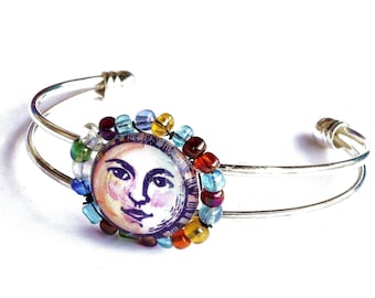 Boho Beaded Sun Face Silver Cuff Bracelet with Painted Accents Celestial Bohemian Jewelry FREE SHIPPING