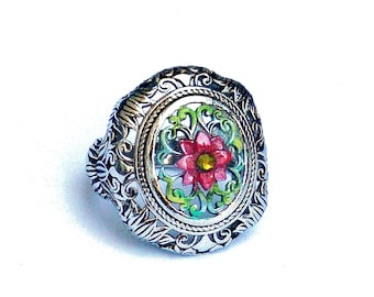 LAST ONE Size 7 Large Sterling Silver Filigree Flower Statement Ring Bohemian Jewelry