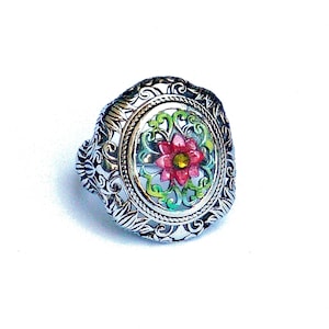 LAST ONE Size 7 Large Sterling Silver Filigree Flower Hand Accented Statement Ring Romantic Floral Bohemian Jewelry Unique Gift for Her