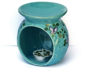 Turquoise Blue Ceramic Scented Oil Warmer Tea Light Holder Set Painted Butterfly Decor Spring Decorations FREE SHIPPING