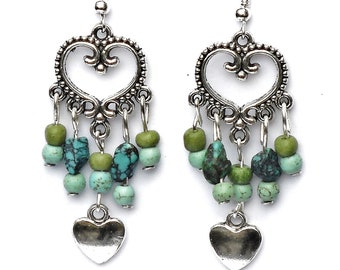 Silver and Turquoise Heart Dangle Earrings Boho Jewelry FREE SHIPPING