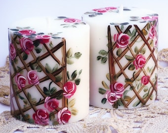 Hand Painted Pink Roses Pillar Candle: Bohemian Shabby Chic Floral Decor