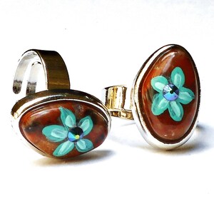 Adjustable Painted Flower Jasper Stone Silver Ring Healing Boho Hippie Bohemian Jewelry FREE SHIPPING