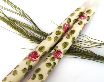 Hand Painted Rose Flameless Taper Candles: Shabby Chic LED Candlesticks, Romantic Decor