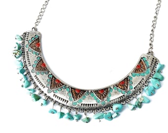 Silver and Turquoise Beads Boho Bib Necklace Southwestern Jewelry FREE SHIPPING