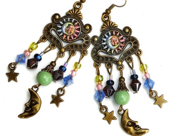 Whimsical Dangling Sun and Moon Dangle Chandelier Earrings Celestial Boho Jewelry FREE SHIPPING