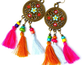Long Colorful Boho Tassel Earrings Hand Painted Flowers Mexican Bohemian Jewelry FREE SHIPPING
