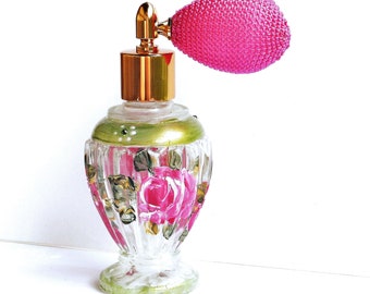 Painted Roses Vintage Perfume Bottle Atomizer Romantic Victorian Shabby Chic Decor FREE SHIPPING
