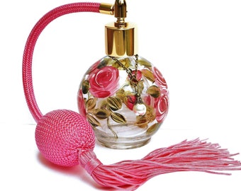 Frasco de perfume em spray fino com rosas pintadas em estilo vintage romântico e atomizador, decoração chique e surrada, presente para mulheres, frete grátis