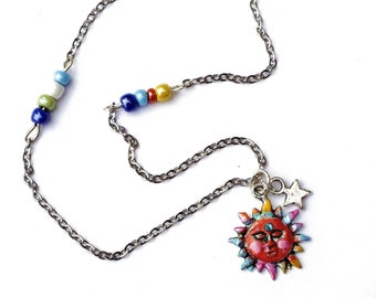 Little Beaded Sun Necklace with Dangling Star Charm Boho Jewelry FREE SHIPPING
