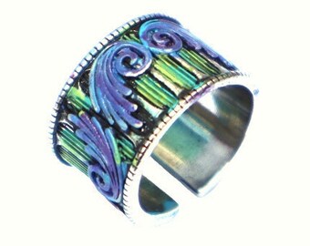 Funky Adjustable Wide Sterling Silver Band Ring with Colorful Hand Accented Design Art Nouveau Boho Jewelry for Women