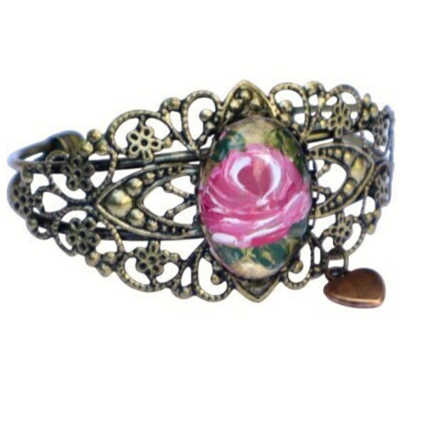 Antiqued Gold Filigree Hand Painted Rose Cuff with Dangling Heart Romantic Retro Vintage Style Victorian Boho Jewelry FREE SHIPPING