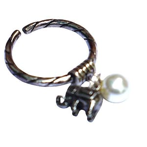Adjustable Sterling Silver Dangling Elephant Charm Ring with Genuine Pearl Boho Silver Stacking Ring Cute Bohemian Indian Elephant Jewelry