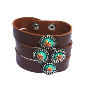 Handgemaltes Sonnenblumen Dreifachband Reiches Braun Leder Extra Breit Manschette Armband Boho Accessoires Boho Schmuck Geschenk für Frauen Teenager Mädchen