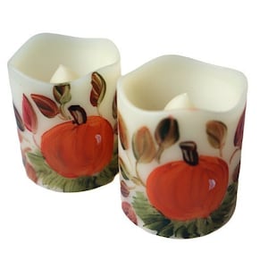Small Battery Operated Hand Painted Flameless Pumpkin Votive Candles Halloween Thanksgiving Fall Pumpkin Theme LED Candles Home Decor