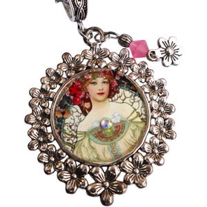 Silver Art Nouveau Necklace: Alphonse Mucha Floral Pendant, Vintage Style Jewelry