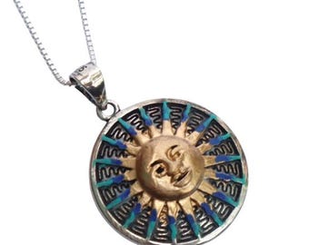 Hand Painted Sterling Silver Sun Pendant Necklace: Celestial Boho Jewelry