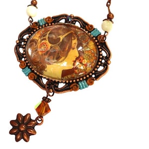 Vintage Large Long Art Nouveau Pendant Necklace Alphonse Mucha Art Deco Necklace with Painted Accents Romantic Antique Bohemian Jewelry