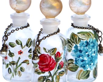 Mini Floral Apothecary Perfume Bottles: Hand-Painted Flowers, Vintage Decor, Gift Set for Women