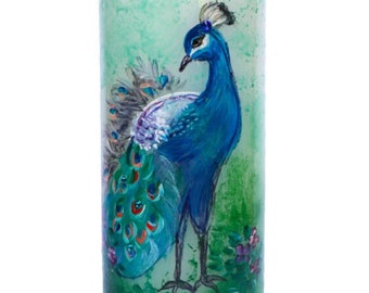 Beautiful Entirely Hand Painted Peacock Flameless Pillar Candle with Timer Bird Art with Crystal Rhinestones FREE SHIPPING
