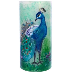Beautiful Entirely Hand Painted Peacock Flameless Pillar Candle with Timer Bird Art with Crystal Rhinestones FREE SHIPPING