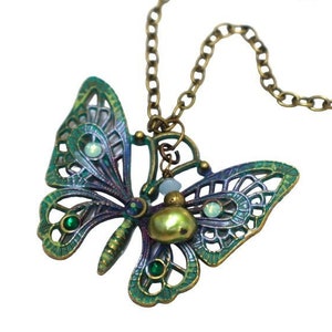 Vintage Art Nouveau Filigree Butterfly Necklace with Dangling Cultured Pearl Crystal Rhinestones Bohemian Jewelry for Women FREE SHIPPING