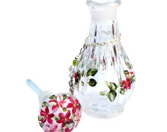 Hand Painted Floral Glass Perfume Bottle with Dauber: Shabby Chic Vanity Decor