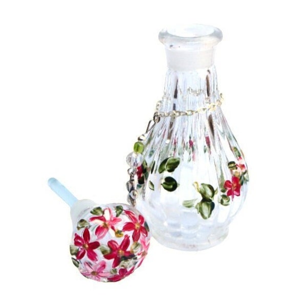 Pretty Glass Perfume Bottle with Dauber Stick and Hand Painted Flowers Romantic Shabby Chic Decor FREE SHIPPING