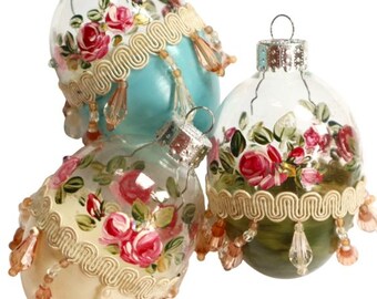Romantic Victorian Glass Egg Christmas Ornaments, Hand-Painted Pink Roses, Dangling Beads, Holiday Decor