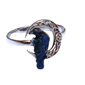 Sterling Silver Raven and Crescent Moon Ring Painted Black Midnight Blue Accents Mystical Spiritual Pentagram Protection Goddess Jewelry