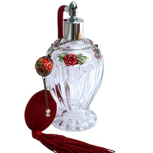 Large Vintage Style Perfume Bottle, Long Atomizer Bulb, Painted Red Roses, Romantic Vanity Decor