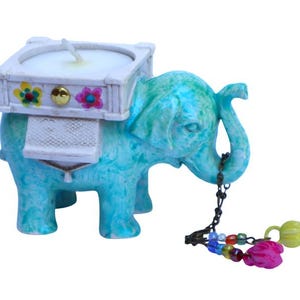 Boho Turquoise Blue Elephant Tea Light Candle Holder Set Painted Flowers Indian Bohemian Elephant Room Bedroom Home Decor Gift for Her