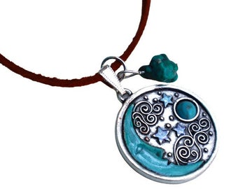 Boho Moon & Stars Turquoise Pendant Necklace, Leather Cord, Celestial Jewelry