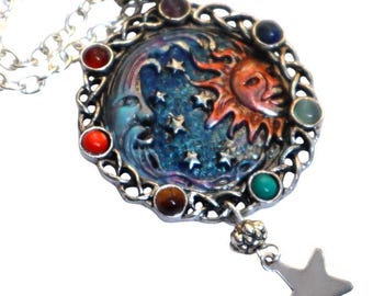 Silver Sun, Moon & Stars Pendant Necklace: Boho Celestial Jewelry