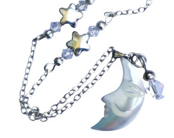 Cute Mother of Pearl Half Moon and Stars Pendant Charm Necklace Clear Crystal Beads Celestial Bohemian Jewelry Gifts for Women Teen Girls