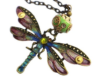 Large Dragonfly Pendant Necklace, Hand-Painted Vintage Art Nouveau Bohemian Jewelry