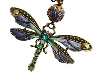 Antiqued Gold Long Art Nouveau Dragonfly Necklace with Hand Painted Details Crystal Rhinestones Butterfly Jewelry for Women FREE SHIPPING