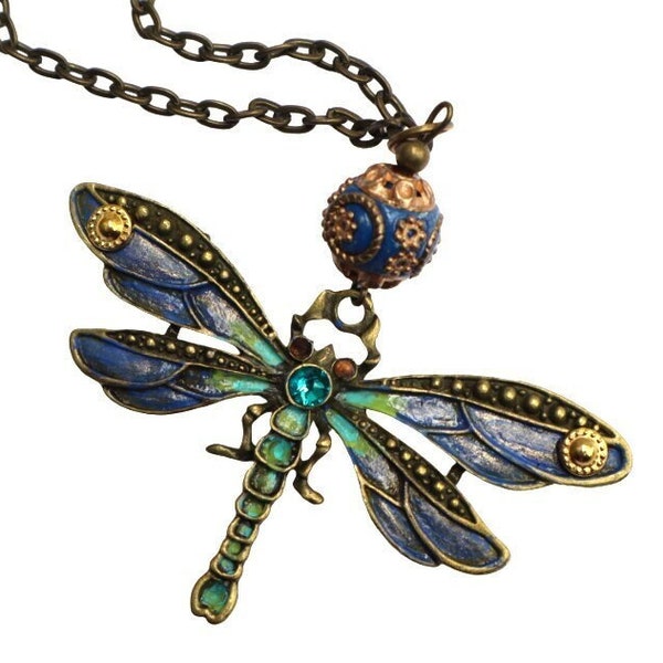 Antiqued Gold Long Art Nouveau Dragonfly Necklace with Hand Painted Details Crystal Rhinestones Butterfly Jewelry for Women FREE SHIPPING
