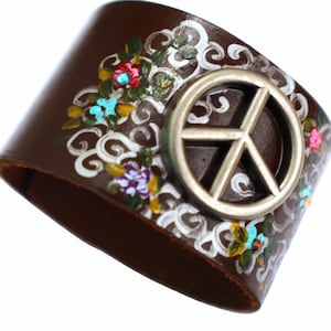 Wide Adjustable Boho Silver Peace Sign Leather Cuff Bracelet withColorful Hand Painted Flowers Romantic Bohemian Jewelry Gifts FREE SHIPPING