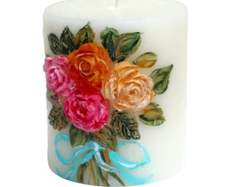 Hand-Painted Floral Pillar Candle, 3D Roses Bouquet