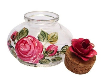 Decorative Glass Trinket Jar with Cork Lid Hand Painted Pink Roses Romantic Shabby Chic Decor FREE SHIPPING