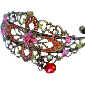 Vintage Art Nouveau Style Cuff Bracelet with Hand Painted Accents Dangling Swarovski Crystal Bead Rhinestones Romantic Victorian Jewelry