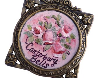 OOAK Hand-Painted Floral Pendant Necklace: Antique Gold Vintage Victorian Jewelry
