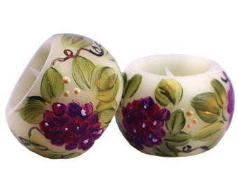 Limited Edition Small Round Flameless Battery Operated Votive Candles Set with Hand Painted Grapes and Vines FREE SHIPPING