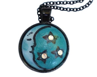 Hand Painted Crescent Moon Necklace: Boho Celestial Jewelry