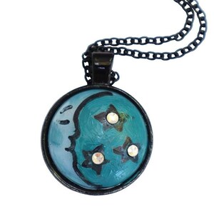 Cute Boho Half Moon and Stars Pendant Necklace Hand Painted Celestial Art Crescent Moon Face Pendant Necklace Celestial Bohemian Jewelry