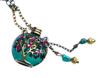 Long Turquoise Tree of Life Jar Pendant Necklace with Hand Painted Flowers Dangling Turquoise Beads Boho Jewelry FREE SHIPPING