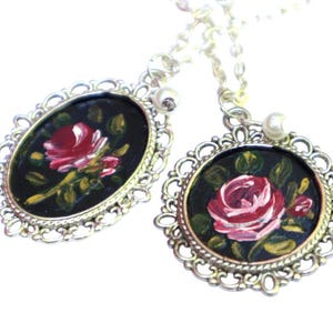 Vintage Style Silver Pendant Rose Necklace Hand Painted Pink Roses Tiny Glass Pearl Romantic Antique Retro Floral Jewelry for Women